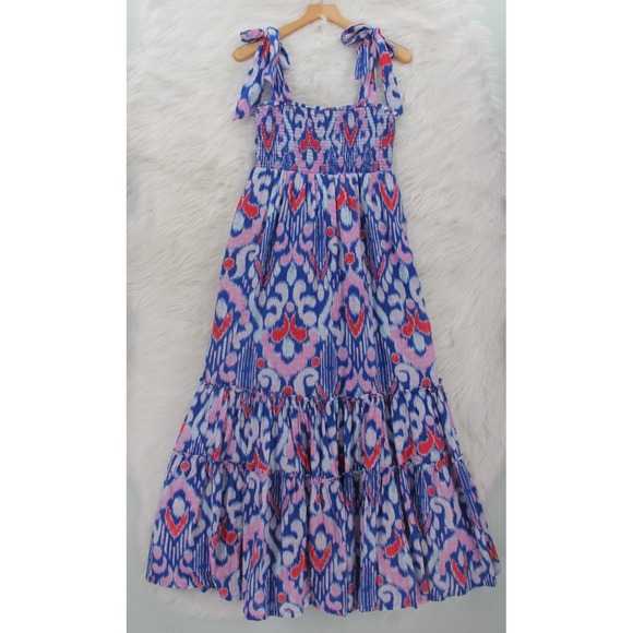 crown & ivy Dresses & Skirts - Crown & Ivy Maxi Dress PM Blue Ikat Print Cotton Swiss Dot Smocked Tie NWT #664